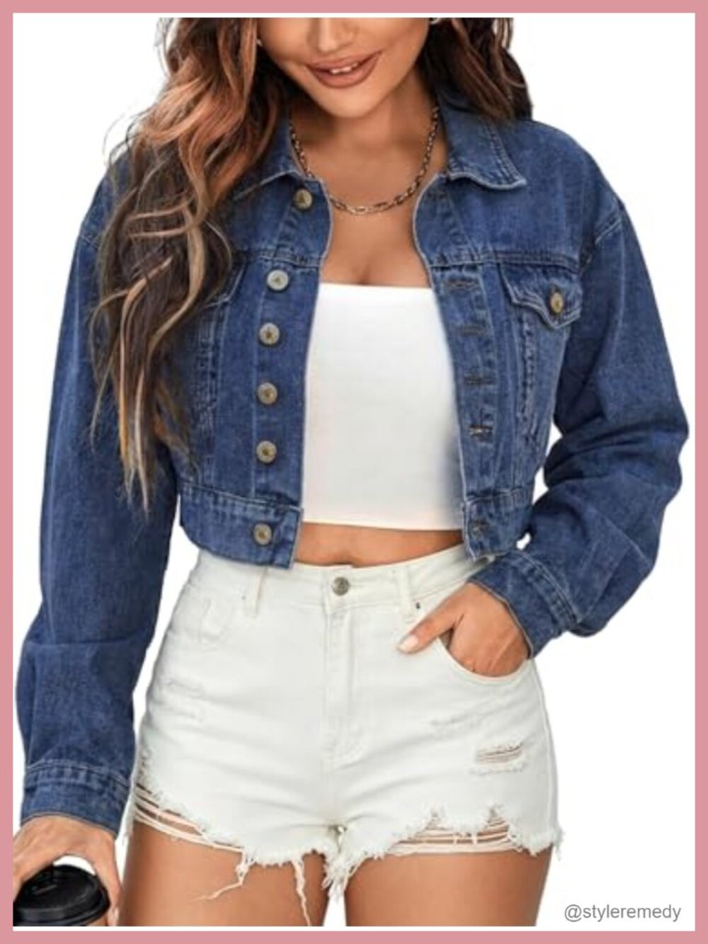 Cropped Denim Jacket Vintage Wash Four-Pocket Long Sleeve Button Front